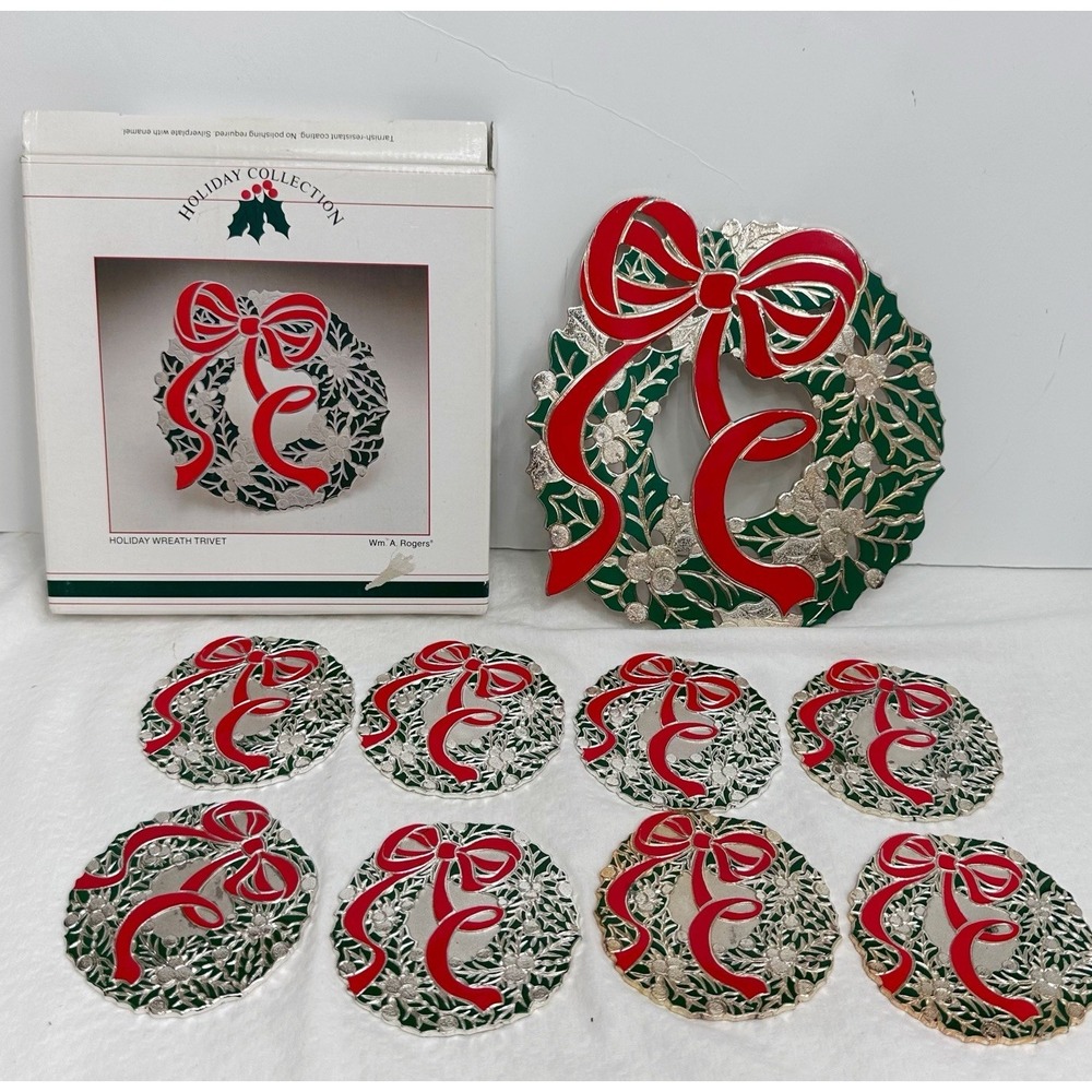 1988 Wreath Coasters & Trivet Wm. A. Rodgers Holiday Collection Vintage Silver